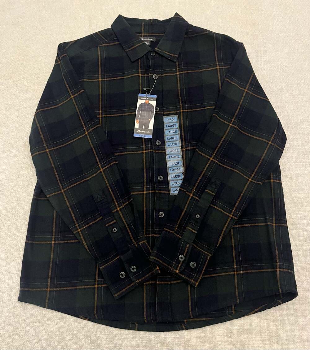 Eddie Bauer Shirt Men's Large Bristol Flannel 100% Cotton Plaid Green Blue NWT